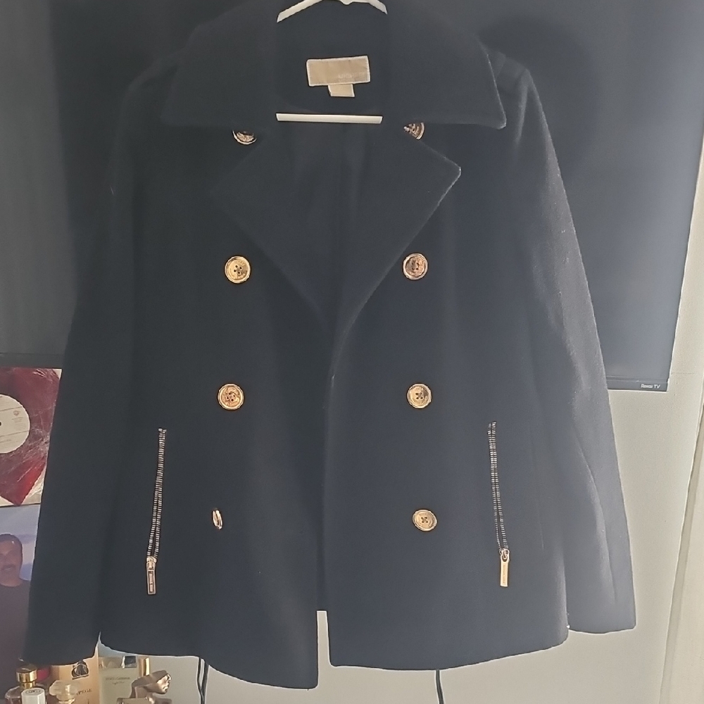 Michael Kors Black Pea Coat with Gold Accents